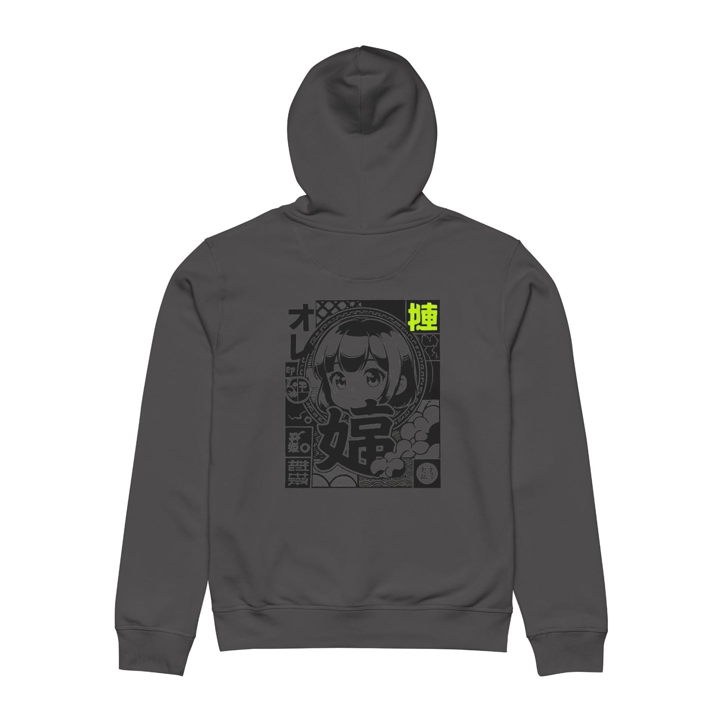 Gray hoodie with anime character design on a white background