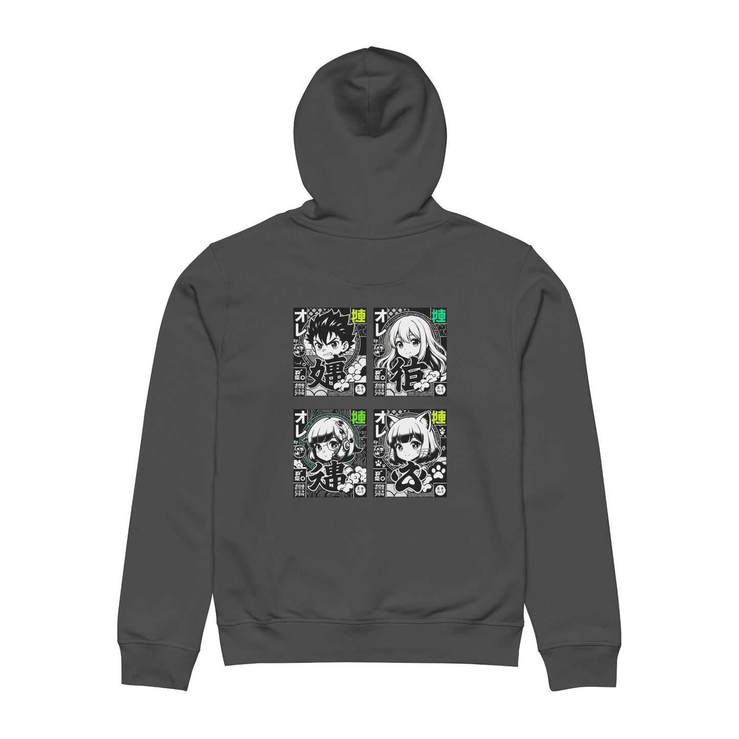 Dark gray hoodie with anime character design on a white background