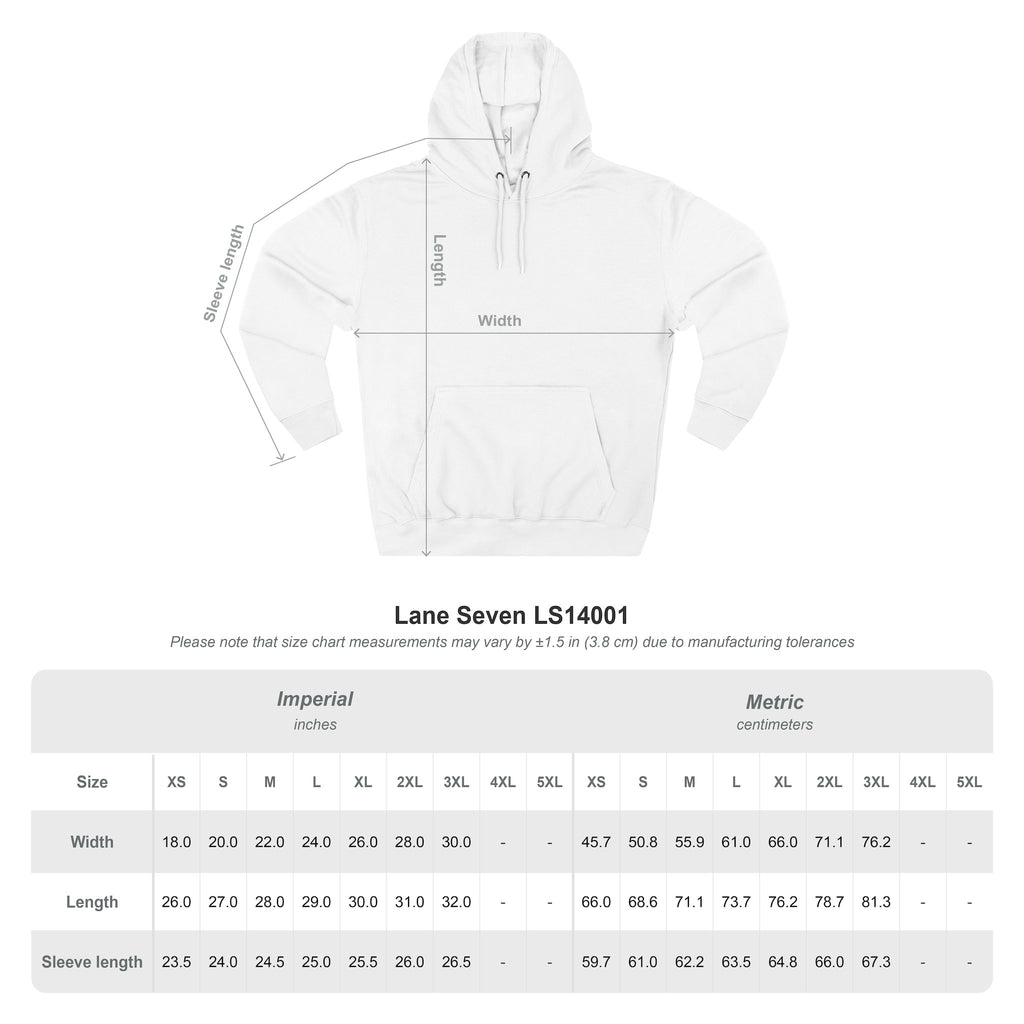 White hoodie with measurement chart on a white background