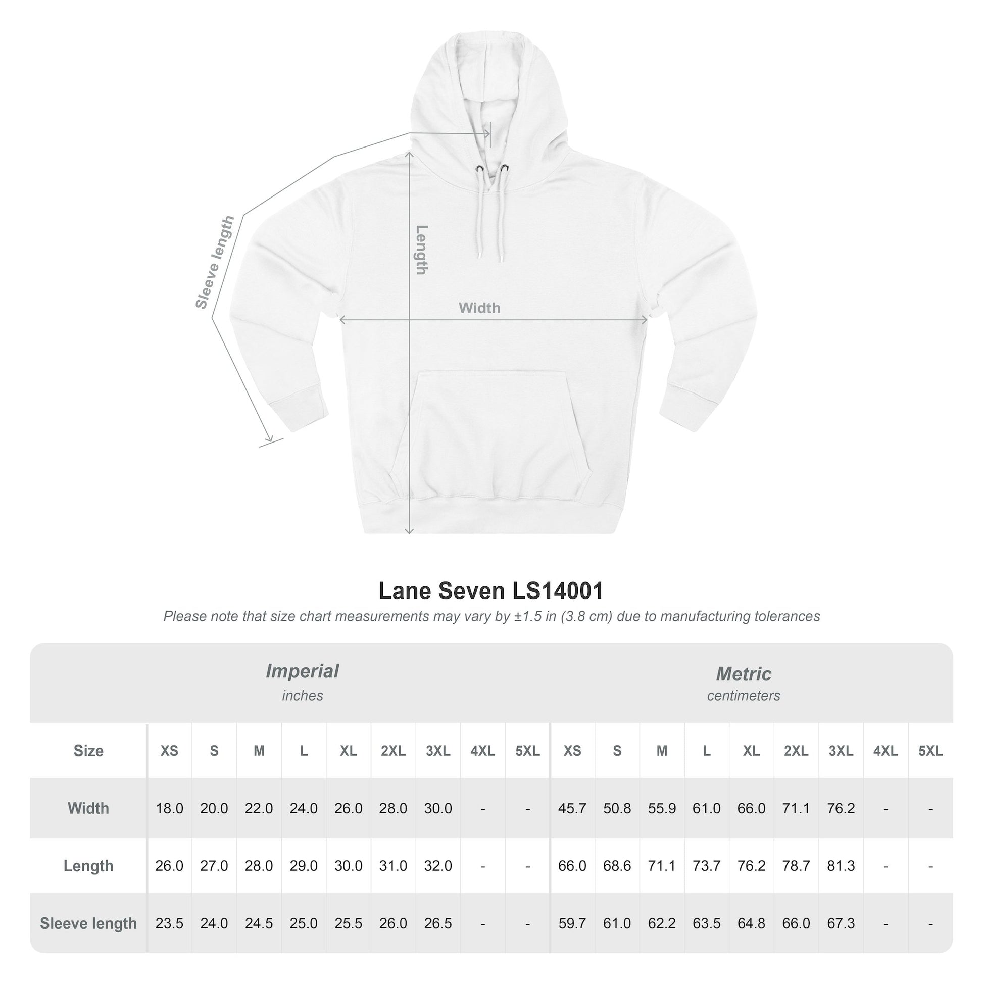 White hoodie with measurement chart on a white background