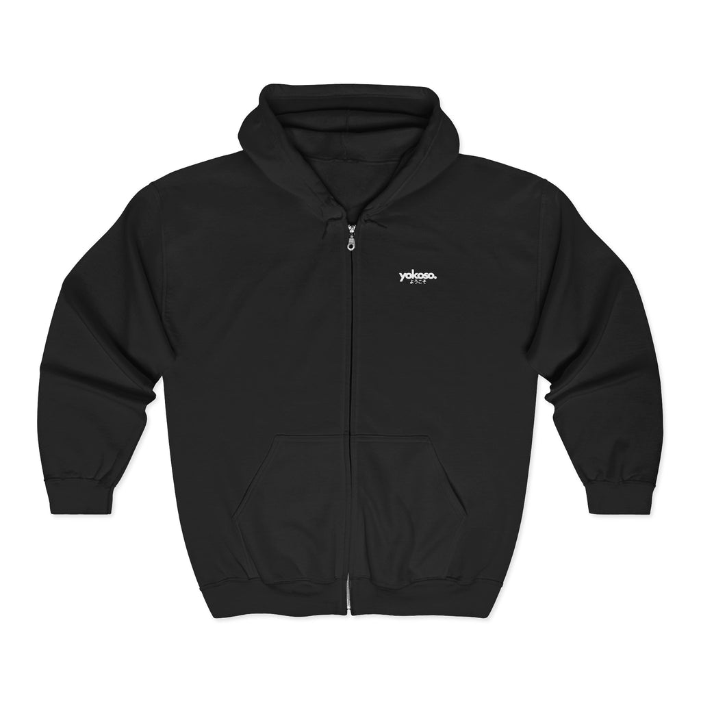 Black hoodie with a brand logo on a white background