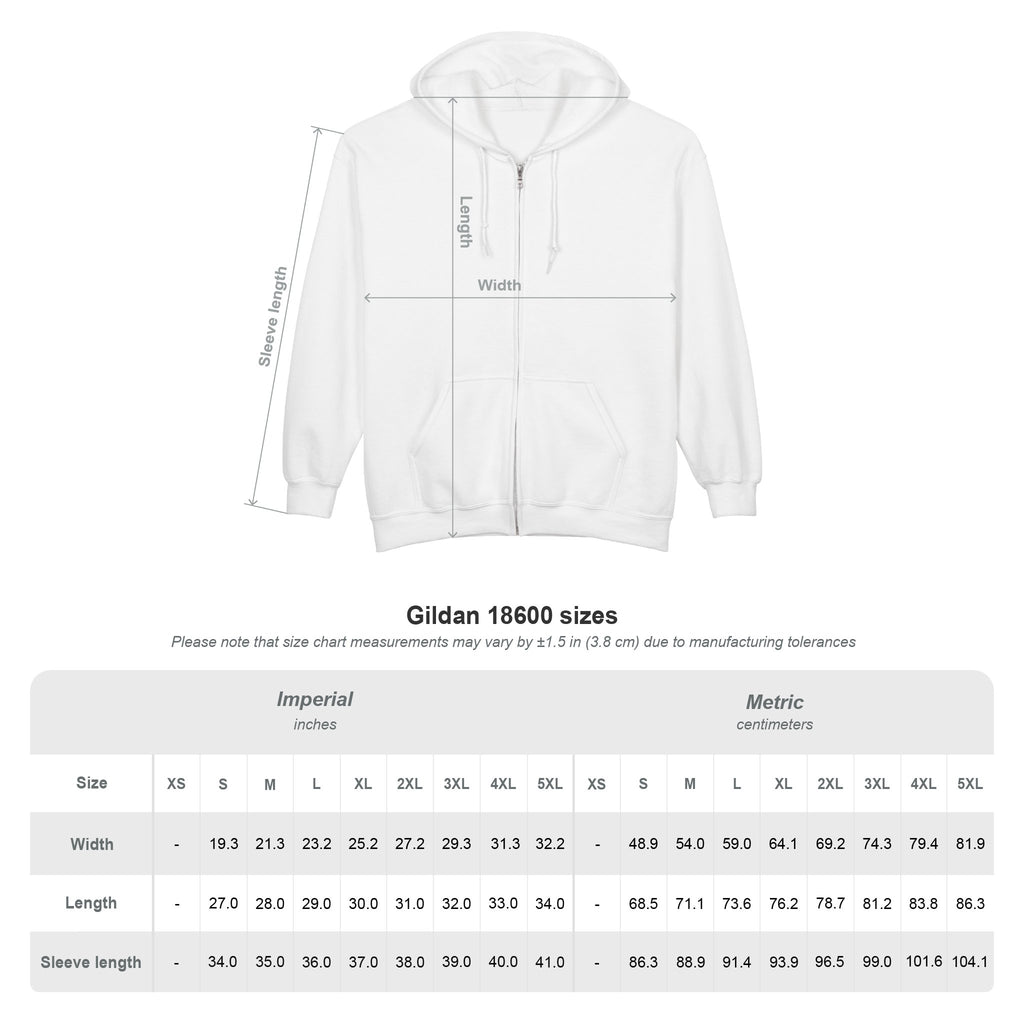 White hoodie with measurement chart on a white background
