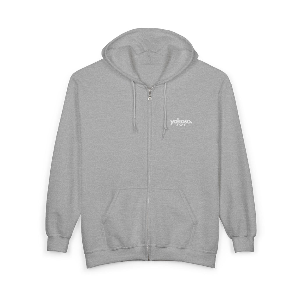 Gray hoodie with a brand logo on a white background