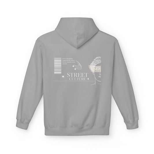 Gray hoodie with 'Street Culture' design on the back against a white background