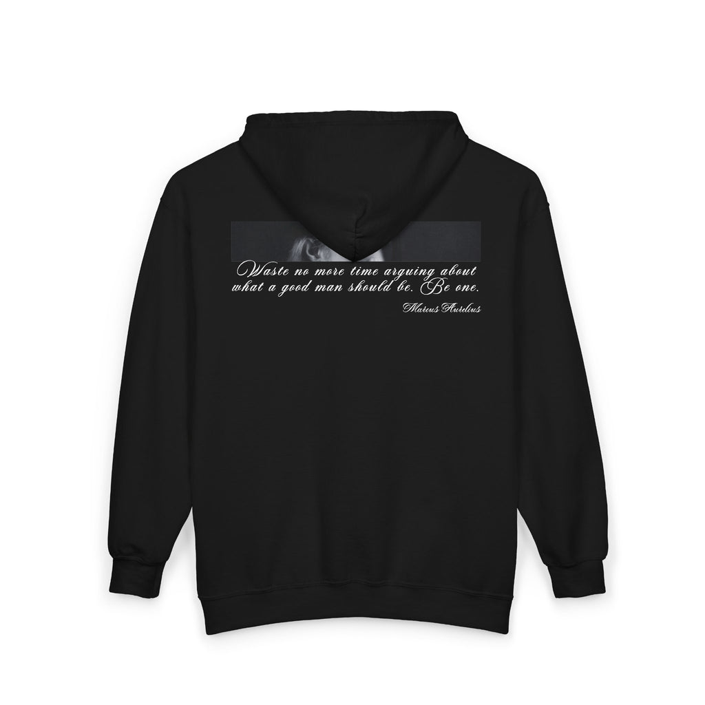 Black hoodie with text on the back on a white background