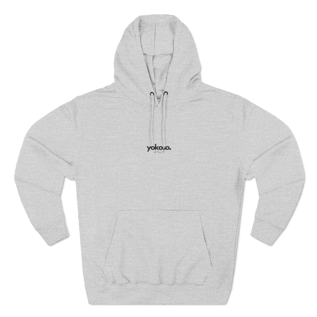 Gray hoodie with 'Yokoso' logo on a white background