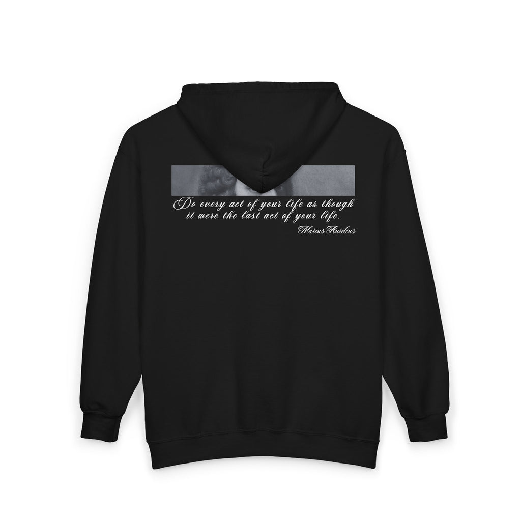 Black hoodie with a printed design and text on the back against a white background