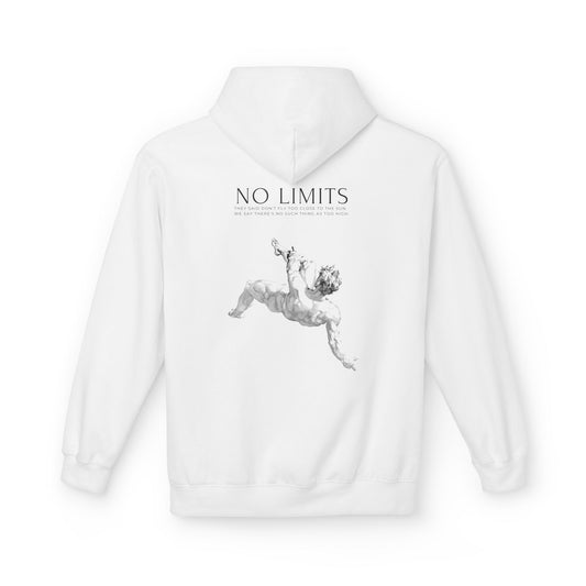 White hoodie with 'No Limits' text and graphic design on a white background