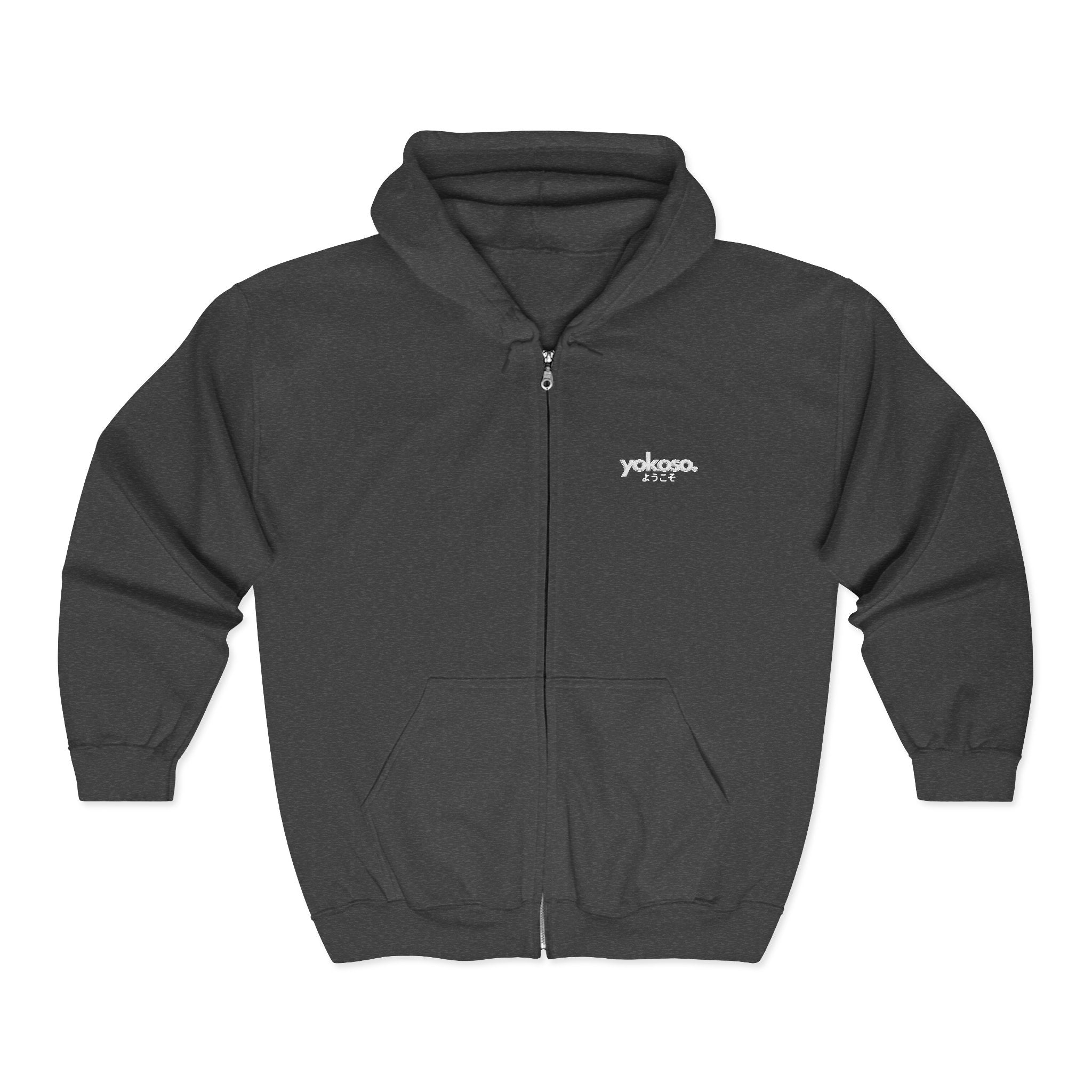 Dark gray hoodie with a brand logo on a white background