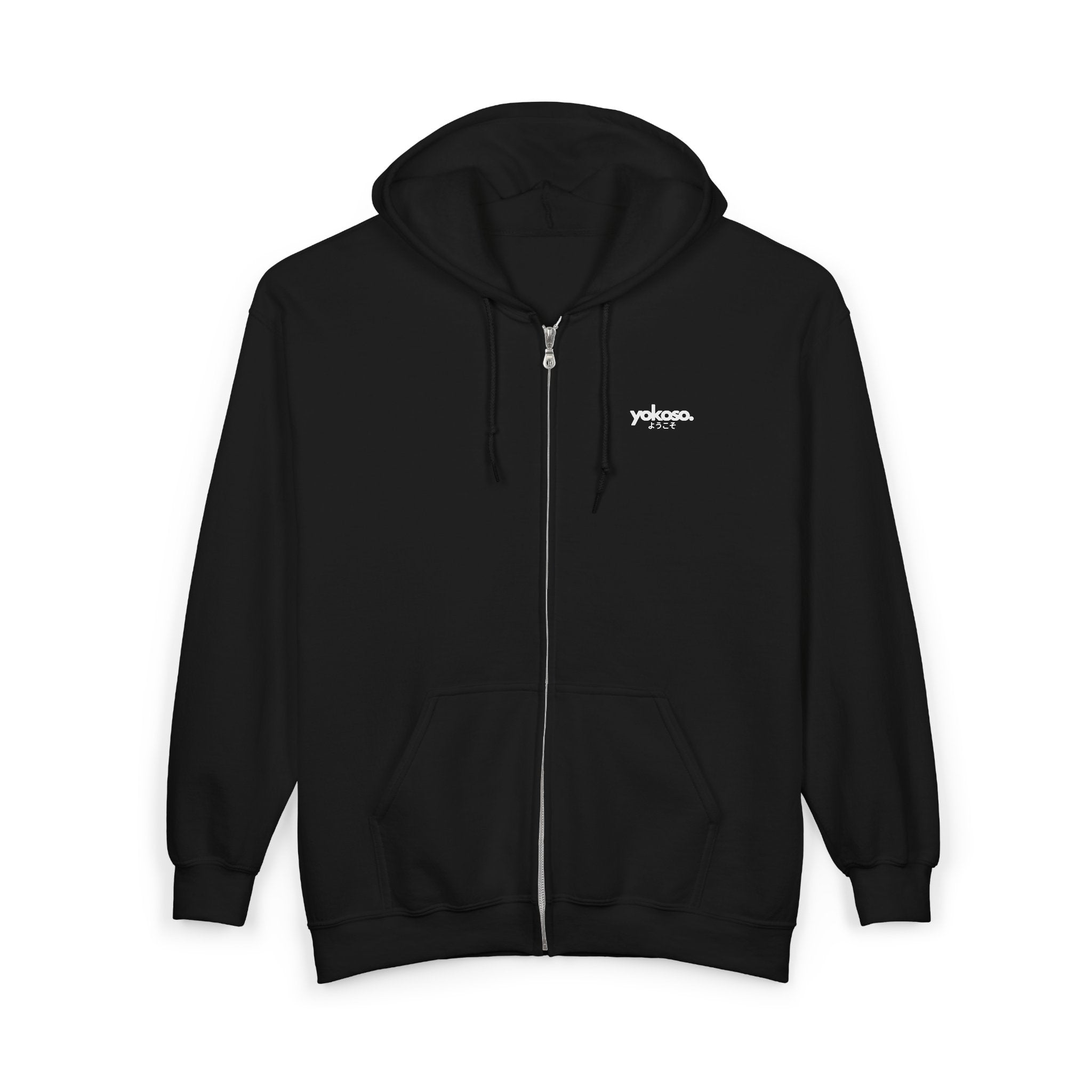 Black hoodie with a logo on the chest against a white background