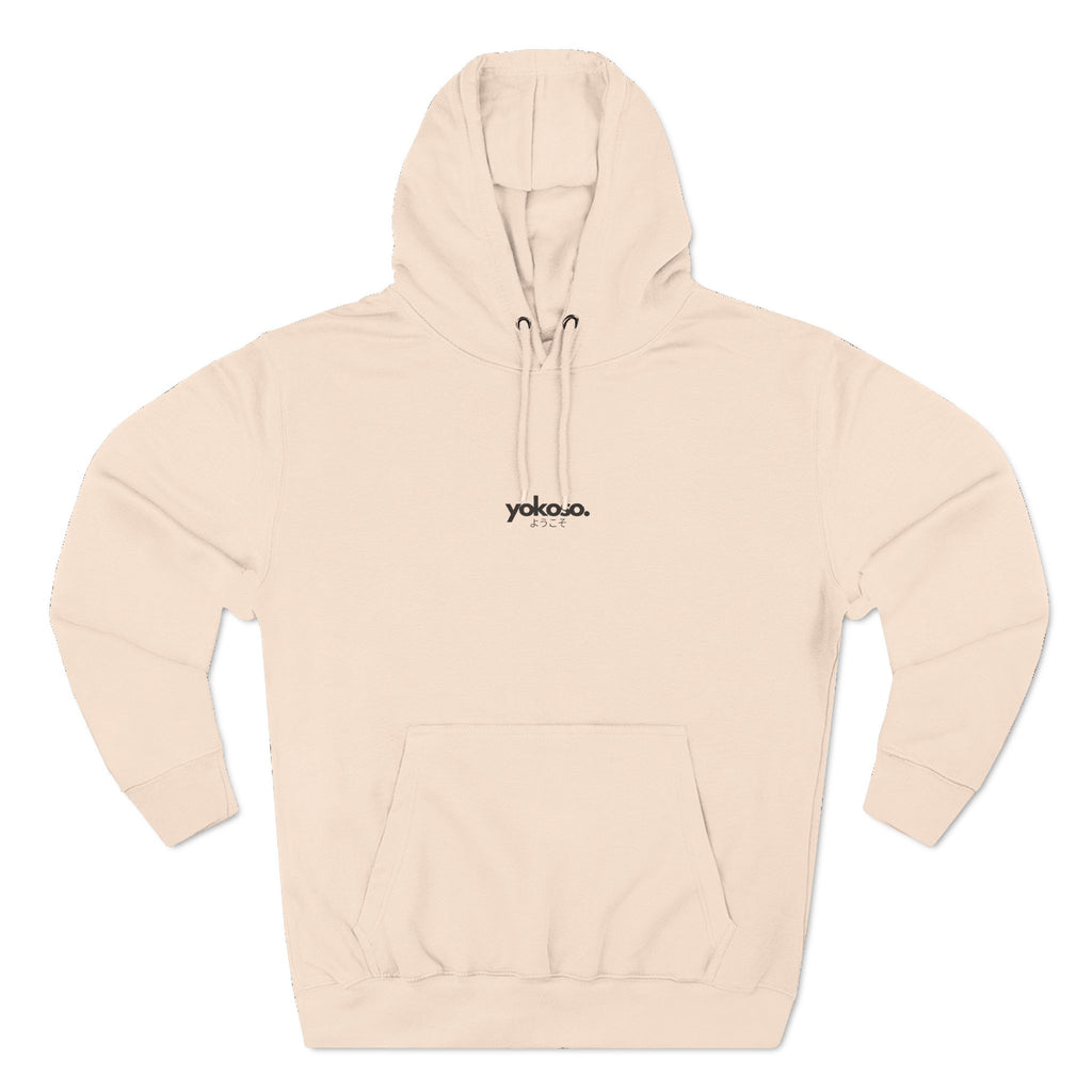 Beige hoodie with 'Yokoso' logo on a white background