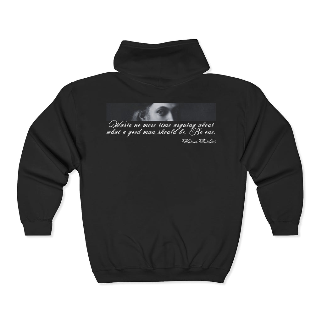 Black hoodie with a printed design and text on the back against a white background