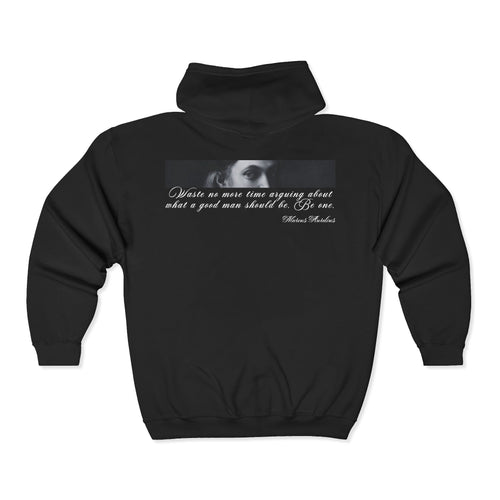Black hoodie with a printed design and text on the back against a white background