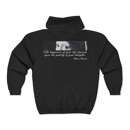 Black hoodie with a printed design on the back featuring a quote and a portrait.
