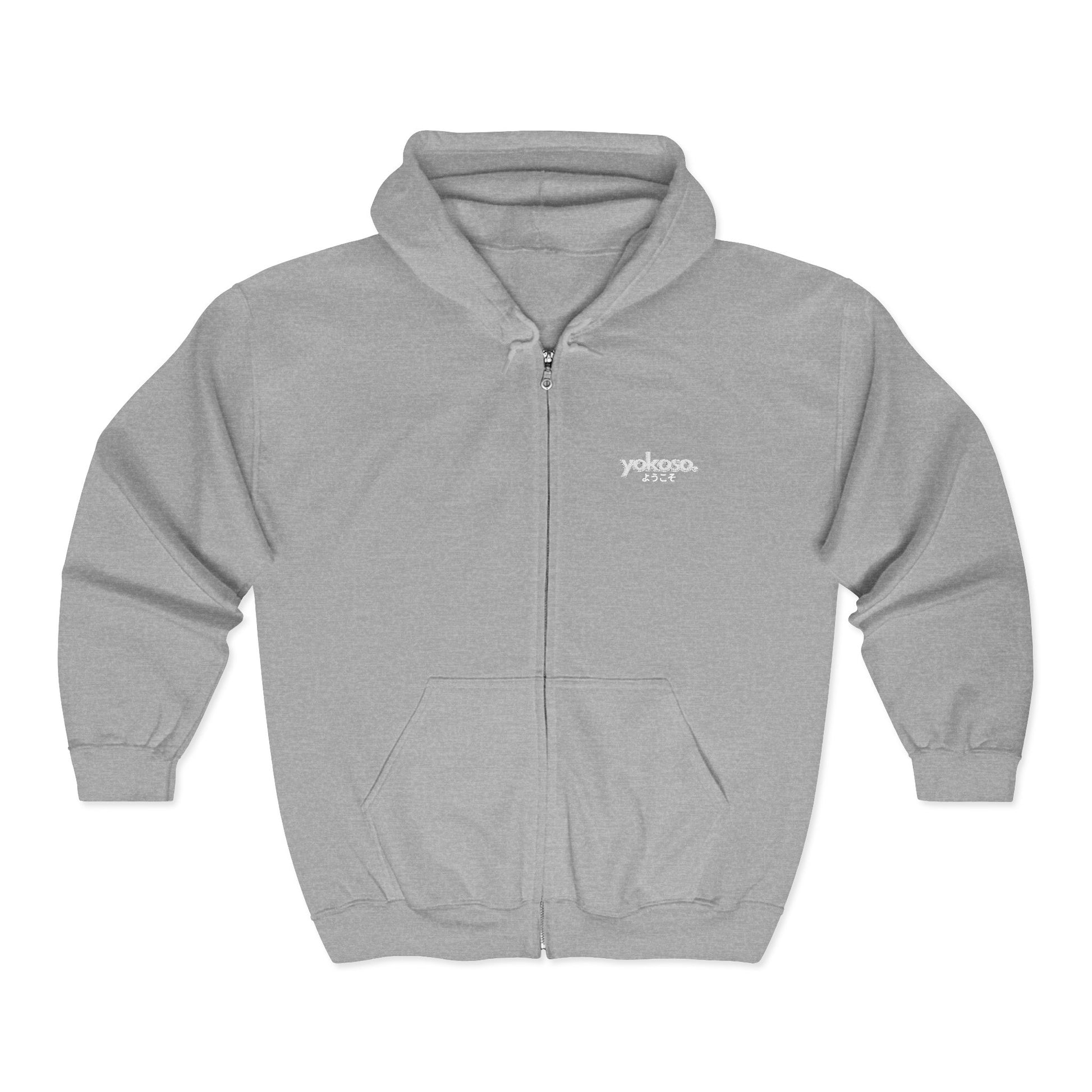 Gray hoodie with a brand logo on a white background