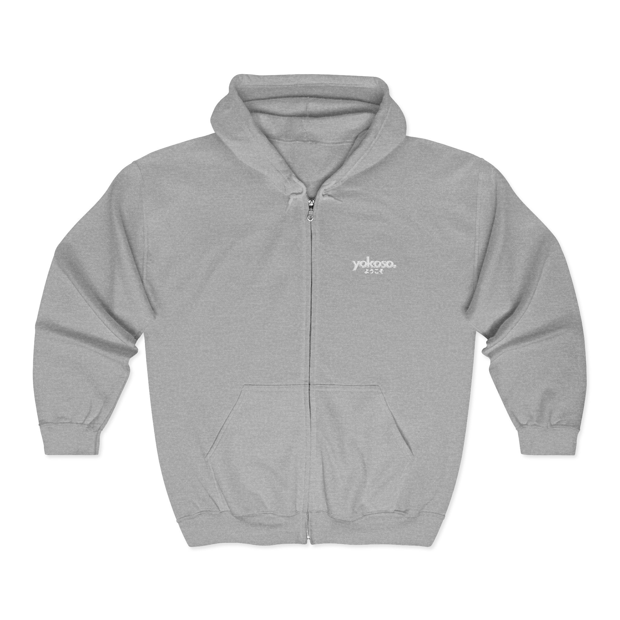 Gray hoodie with a brand logo on a white background