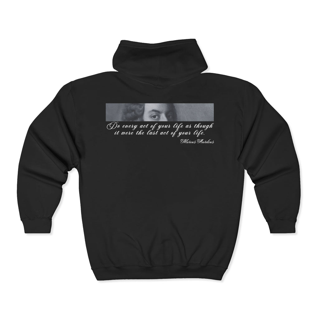 Black hoodie with a graphic and text on the back against a white background