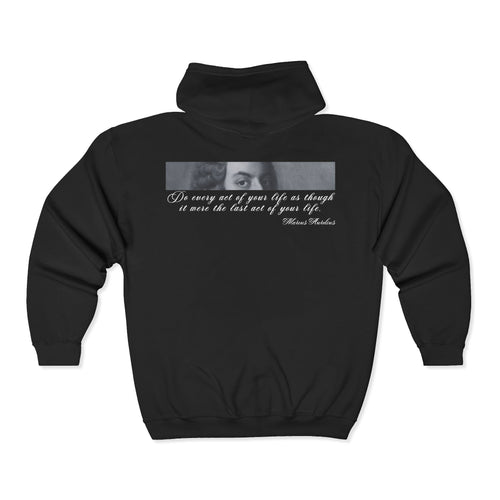 Black hoodie with a graphic and text on the back against a white background