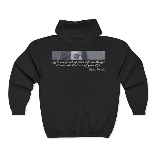 Black hoodie with a graphic and text on the back against a white background